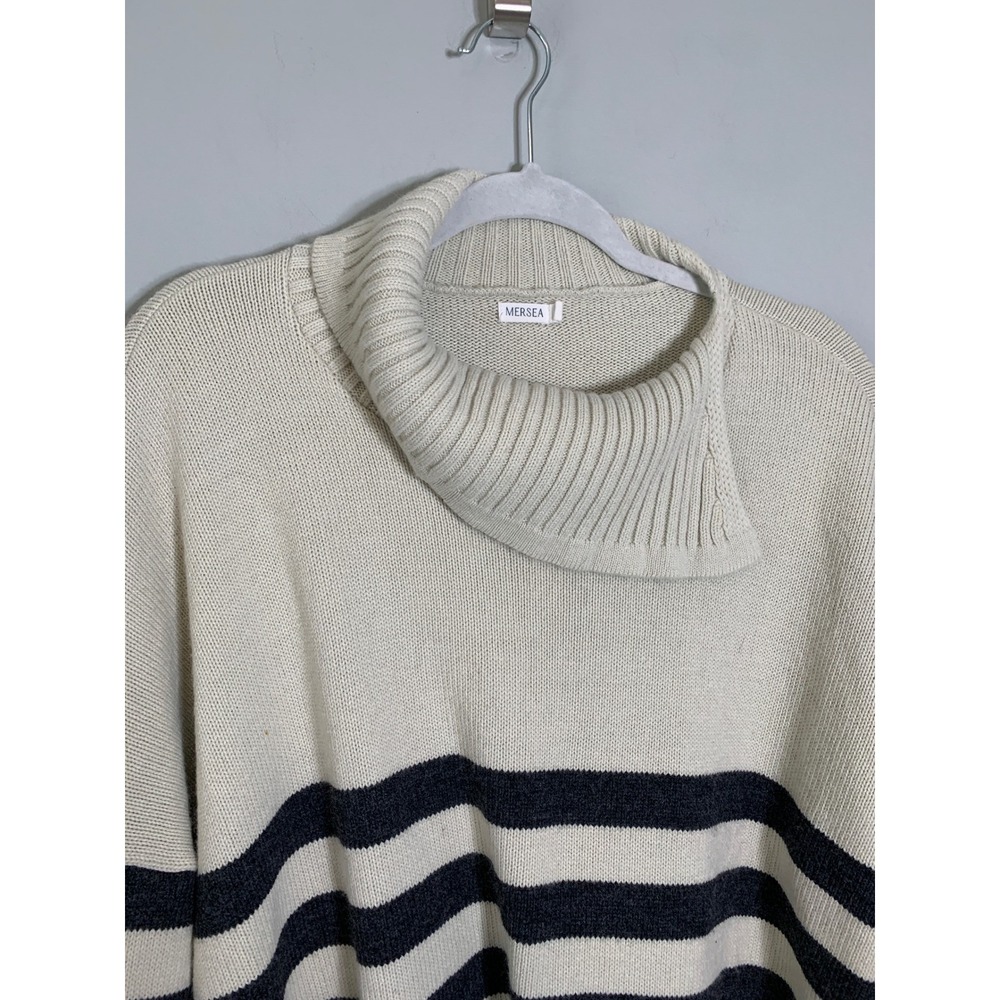 Mersea Striped Cowl Neck Sweater Women OS Cream Navy Red‎ Scallop Trim Oversized - Picture 5 of 11